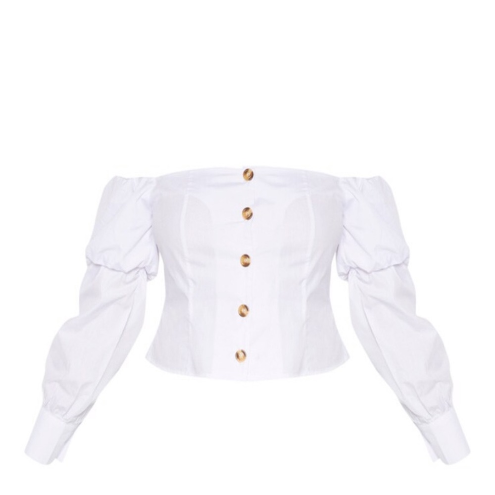 COPY - Tall White Puff Shoulder Button Detail Crop Top